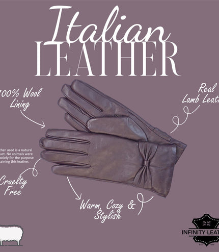Womens Purple Italian Leather Winter Bow Design Soft Wool Lining Gloves - L-GLV-401