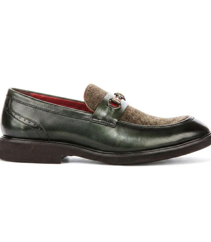 Justin Reess Men's Green Leather Herringbone Tweed Loafer Shoes - Tristian
