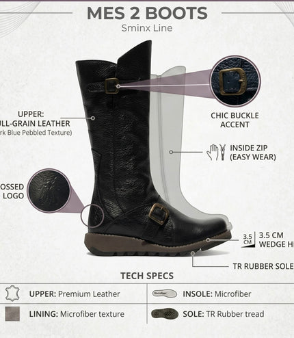 Fly London Womens Black Leather Mid-Calf Long Boots - MES2913