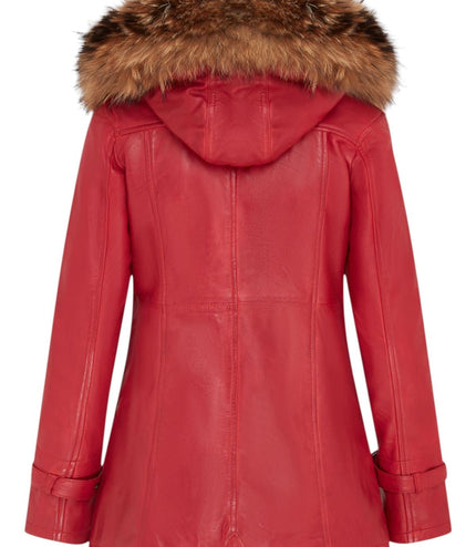 Womens Warm Leather Hooded Parka Jacket-Northwich - Red