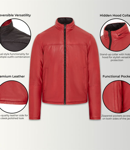 Mens Reversible Hooded Leather Jacket Premium Lambskin Napa - Red/Black