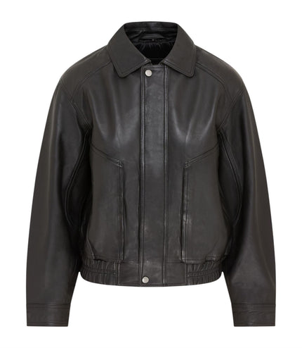Womens Black Leather Biker Bomber Oversized Jacket - Blouson