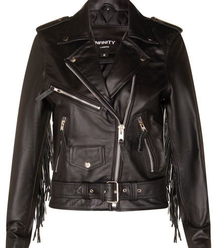 Women's Black FRINGE Leather Brando TASSELED Motorcycle Cow Hide Biker Jacket