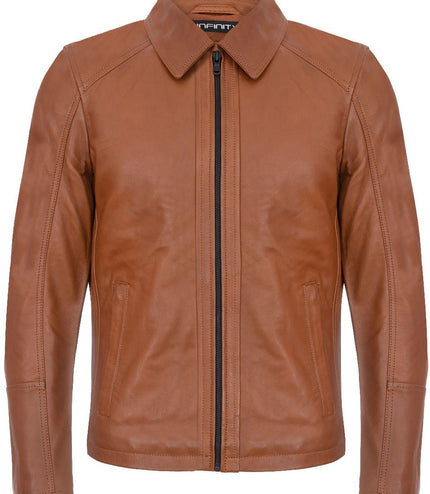 Mens Smart Classic Harrington Leather Jacket-New York - Tan