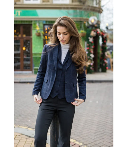 Women's Navy Tailored Fit 2 Piece Set Tweed Formal Blazer Waistcoat