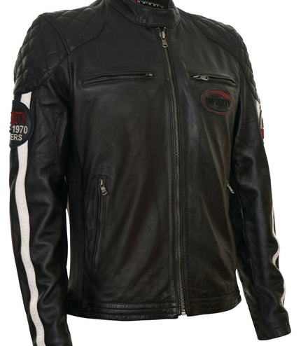 Men's Classic Striped Racing Leather Jacket- Barcelona - Black