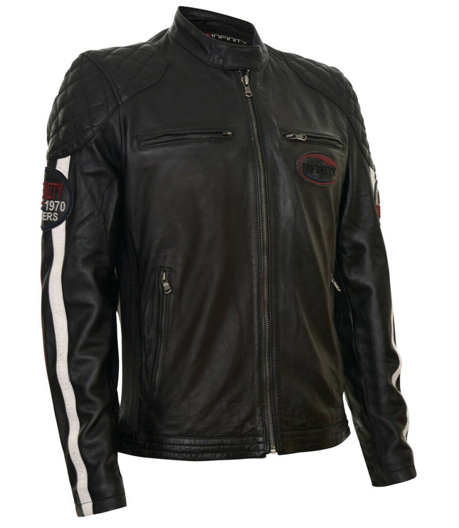 Men's Classic Striped Racing Leather Jacket- Barcelona - Black