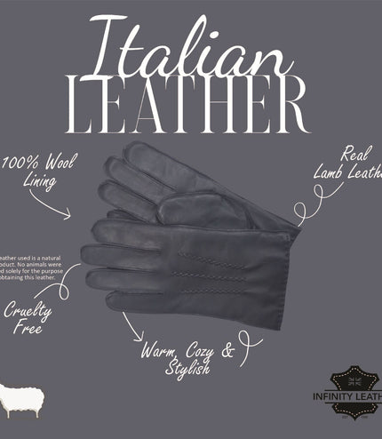 Men's Navy Blue Italian Leather Warm Wool Lining Winter Stich Design Gloves - M-LGV-205