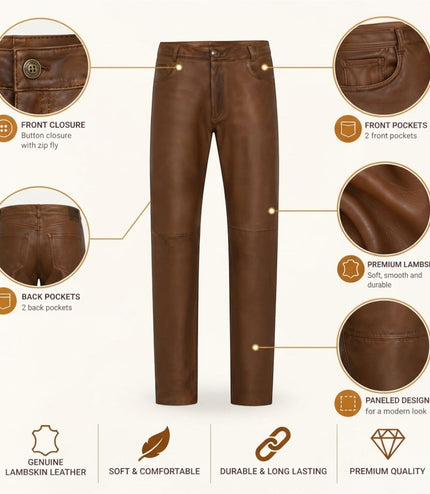 Mens Brown Lamb Leather 501 Biker Jeans - Istanbul
