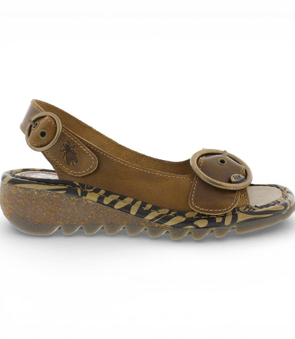 Fly London Women's TRAM723FLY Camel Brown Leather Wedge Sandals
