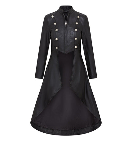 Womens Gothic Full Length Edwardian Leather Coat - Atlanta - Black