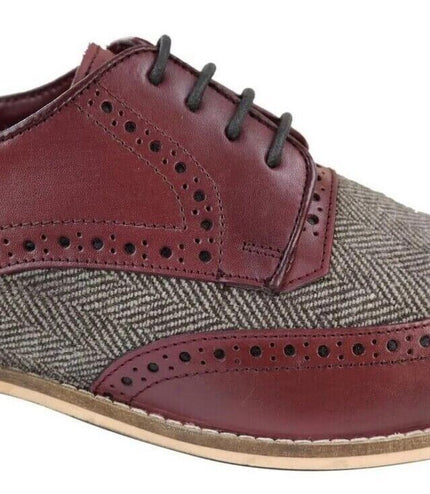 Mens Classic Oxford Tweed Brogue Derby Shoes In Burgundy Leather