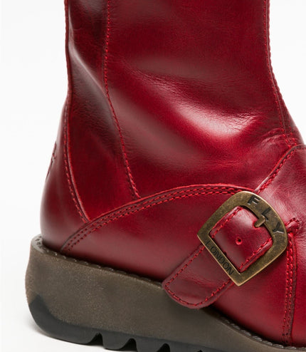 Fly London Womens Red Mes 2 Wedge Heel Buckle Mid-Calf Leather Zip Platform Boots