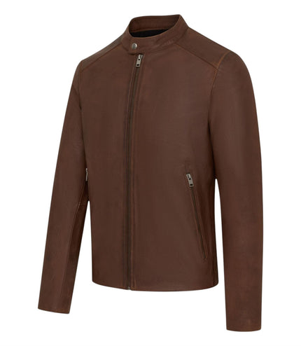 Mens Leather Brown Stand Collar Cafe Racer Biker Jacket - E184