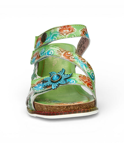 Laura Vita Women's Balade 32 Vert Green Floral Leather Wedge Espadrille Sandals