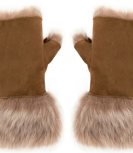 Womens Shearling  Mittens Fingerless Cuffs Toscana Suede Sheepskin Fur - Beaver