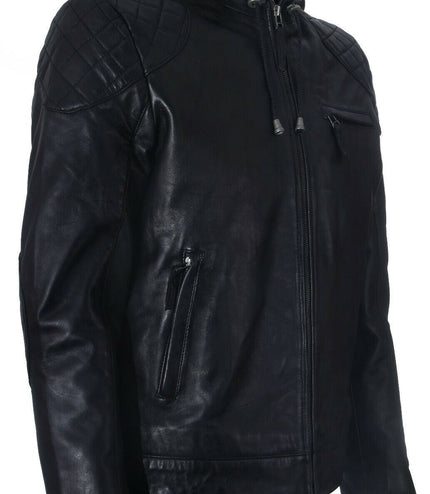 Mens Retro Hooded Leather Bomber Jacket-Zaria