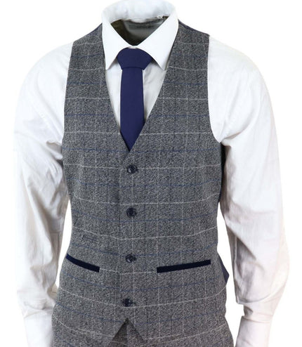 Mens 3 Piece Grey With Blue Check Vintage Classic Suit