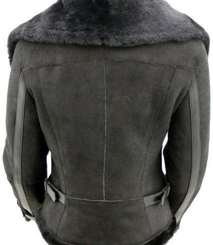 Womens Merino Sheepskin Aviator Leather Jacket-Asmara - Black