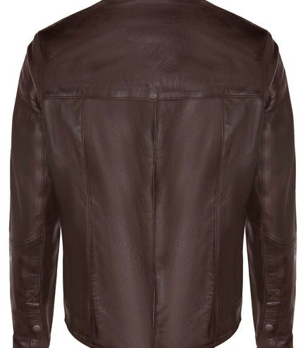 Mens Retro Leather Shirt Jeans Jacket-Beijing - Brown