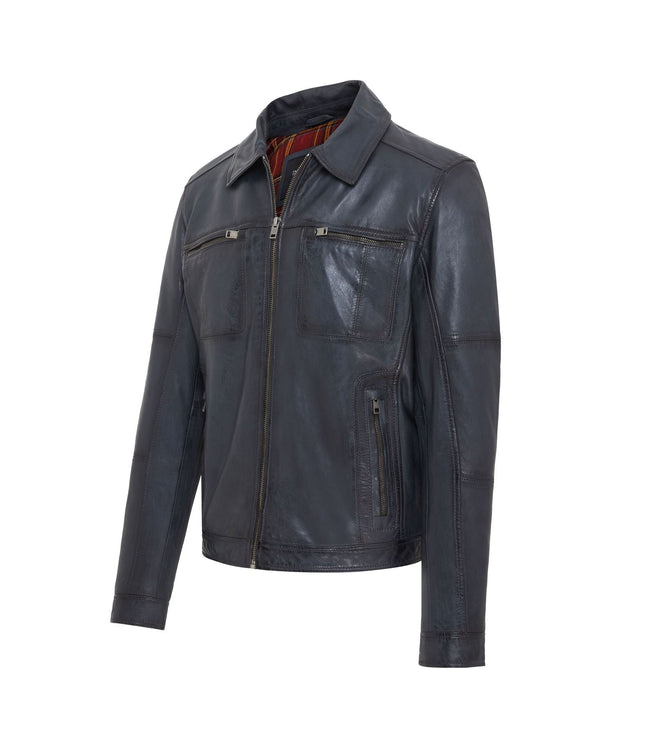 Men's Vintage Classic Short Soft Leather Biker Jacket - Navy
