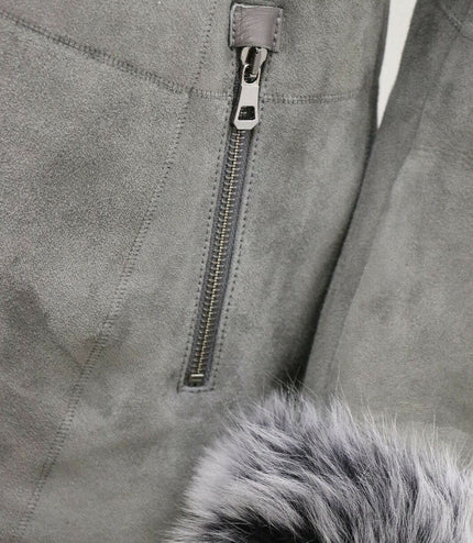 Womens Grey Suede Hooded Merino Sheepskin Coat-Monrovia