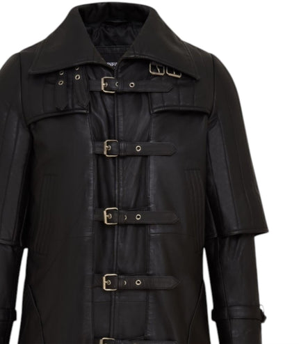 Mens Black Leather Full Length Buckle Gothic Long Trench Coat - Captain