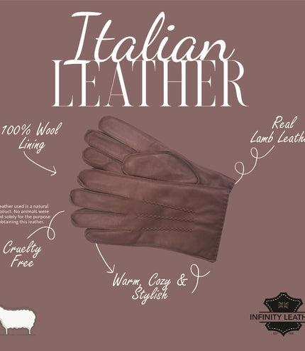 Men's Chestnut Brown Italian Leather Warm Wool Lining Winter Stich Design Gloves - M-LGV-205