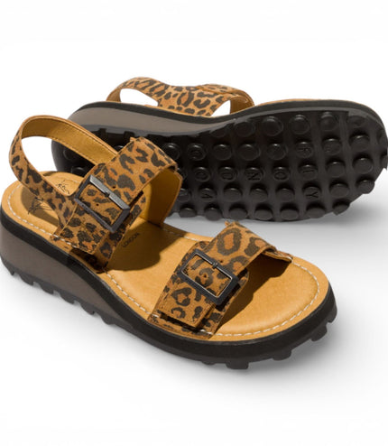 Fly London Women's HEIF558FLY Cheetah Tan Leather Wedge Buckle Sandals