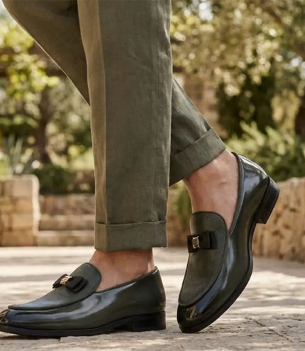 Mens Olive Green Textured Front Iconic Buckle Bow Loafers Shoes