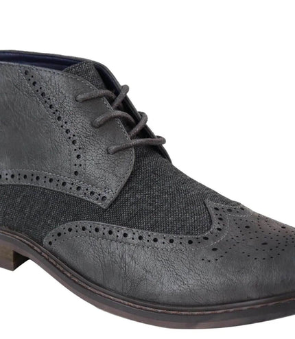 Mens Classic Tweed Oxford Brogue Ankle Boots In Grey Leather