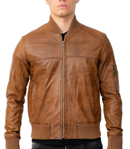 Mens Retro MA-1 Leather Bomber Jacket-Arlington