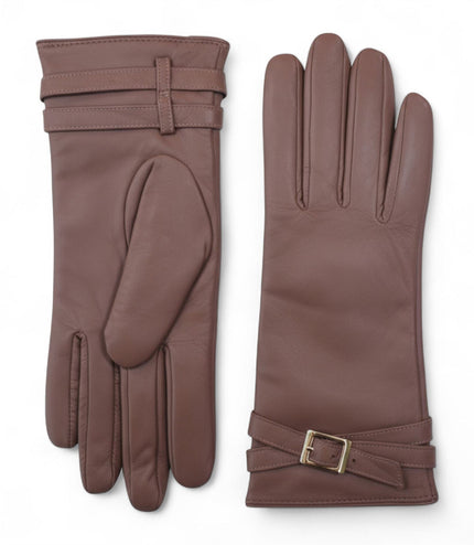 Womens Nude Beige Italian Leather Winter Buckle Soft Wool Lining Gloves - L-GLV-601