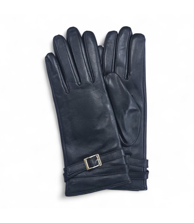 Womens Black Italian Leather Winter Buckle Soft Wool Lining Gloves - L-GLV-601