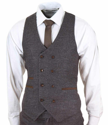 Mens Brown Wool 3 Piece Suit Double Breasted Tweed Peaky Blinders 1920