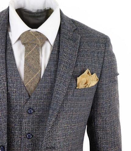 Mens 3 Piece Navy Blue Tweed Check Vintage Retro Suit