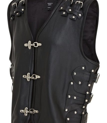 Men's Black Biker Leather Waistcoat Metal Buckles Vest - Coolgardie