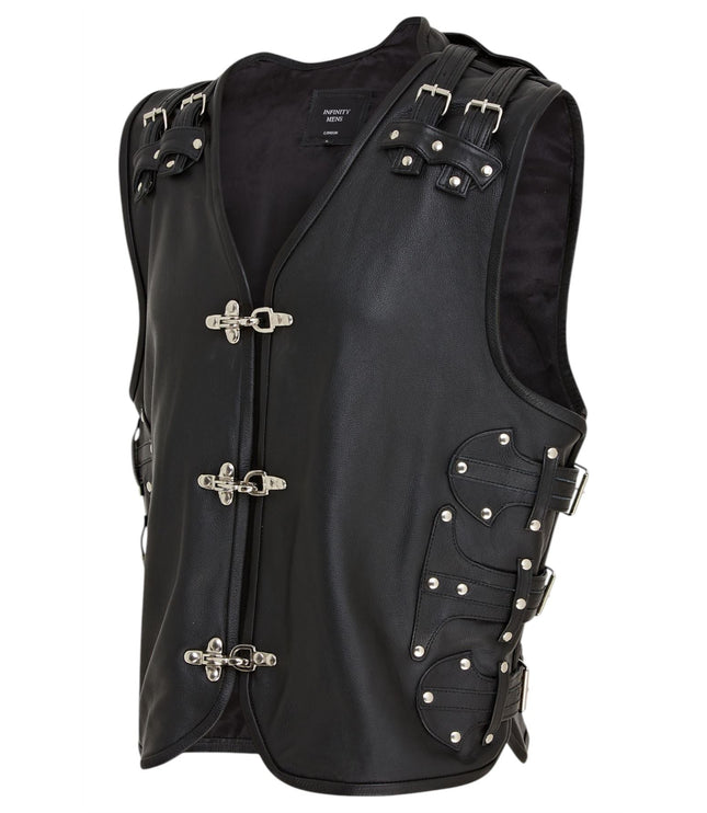 Men's Black Biker Leather Waistcoat Metal Buckles Vest - Coolgardie