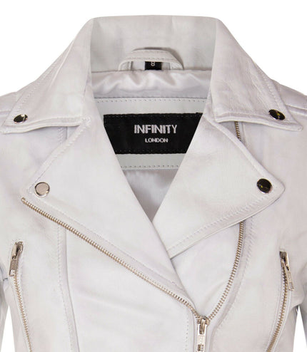 Womens Cropped Brando Leather Biker Jacket-Damascus - White