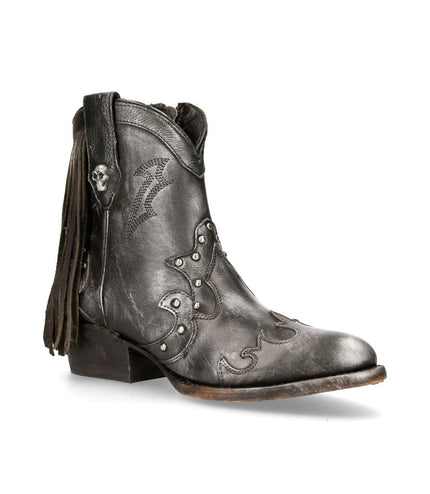New Rock Grey Leather Fringed Pointed Cowboy Boots - WSTM003-S1