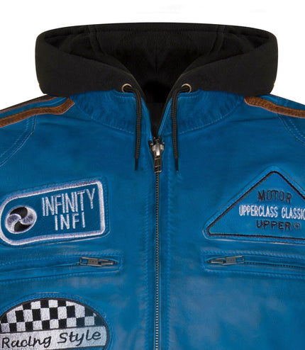 Mens Racing Hooded Leather Biker Jacket-Detroit - Blue