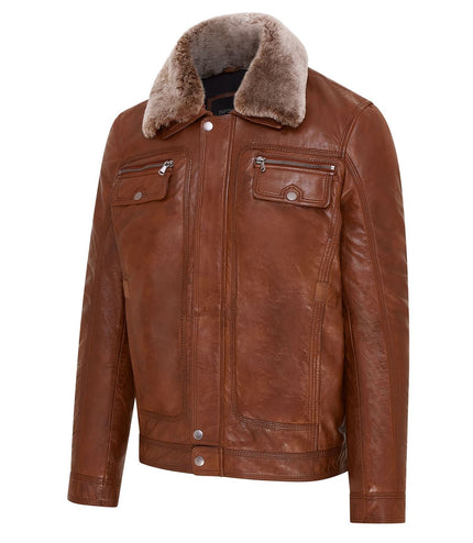 Mens Leather Jacket Trucker Removable Sheepskin Collar Casual Jacket - Tan