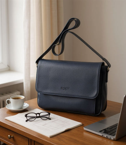 Genuine Leather Navy Laptop Bag Travel Work Messenger Satchel - Camden