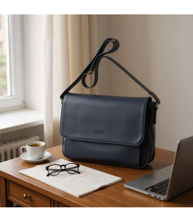 Genuine Leather Navy Laptop Bag Travel Work Messenger Satchel - Camden