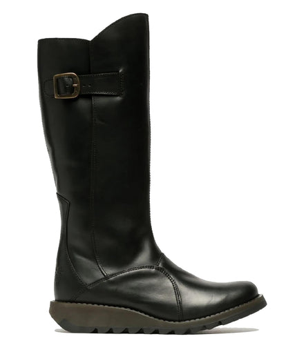 Fly London Womens Black Mol 2 Leather Wedge Heel Knee High Zip Up Boots