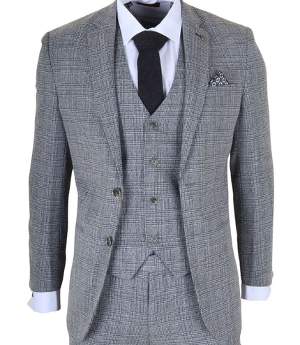 Men's 3-Piece Grey Classic Check Suit Slim Fit Plain Formal Party Suit