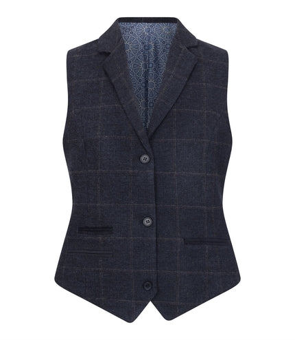 Women's Navy Tailored Fit 2 Piece Set Tweed Formal Blazer Waistcoat