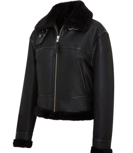 Womens Black B3 Shearling Sheepskin Leather Aviator Bomber Flying Jacket