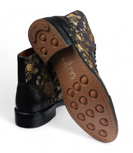 Justin Reess Men's Black Floral Print Leather Oxford Ankle Boots - Adam