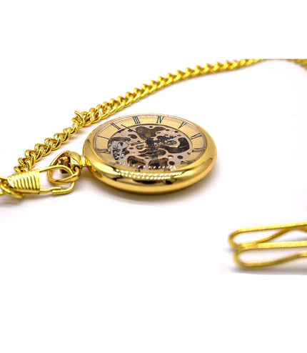 Mechanical Golden Skeleton Open-Face Chain Pocket Watch